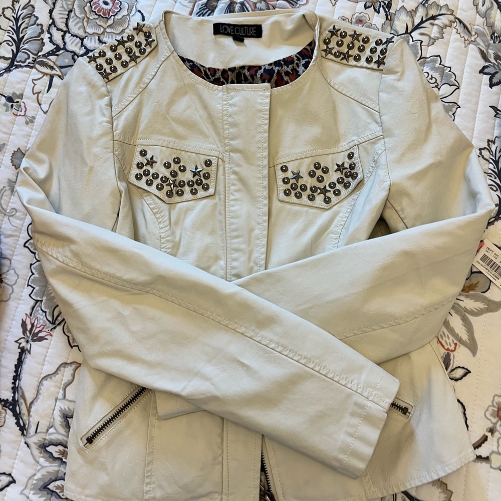 Western Biker style embellished faux leather white jacket